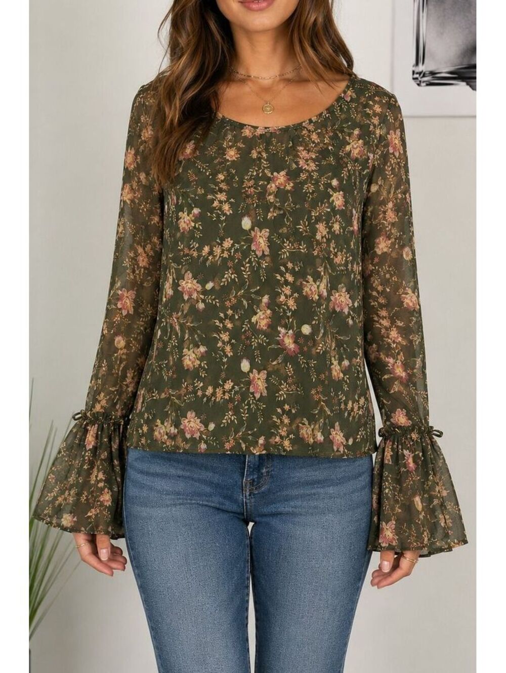 Freshman 1996 Floral Mesh Dress XL Olive Green Pink Boho Bell Sleeve Built-In